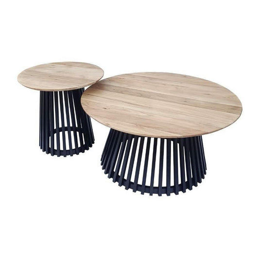MILAN SET OF 2 COFFEE TABLES NATURAL TOPS WITH BLACK METAL LEGS