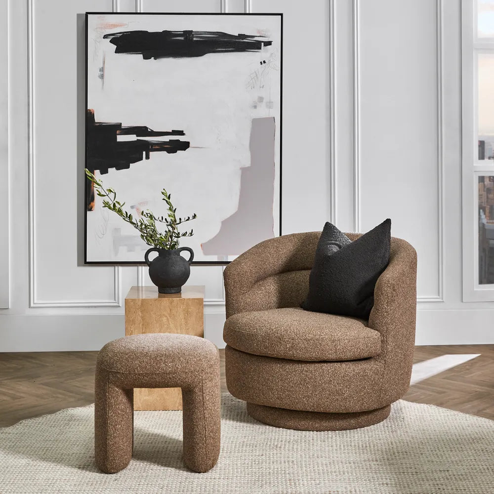 Brynn Boucle Swivel Armchair in Cocoa - Chocolate Wood