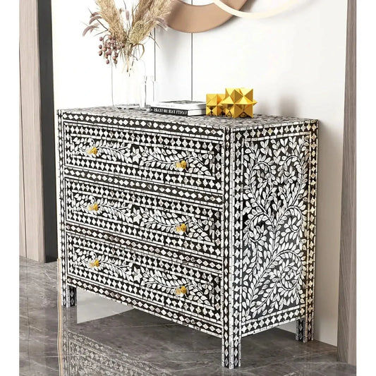 CHEVALIER MOTHER OF PEARL HAND MADE MONOCHROME CHEST OF 3 DRAWERS - MyChocolateWood