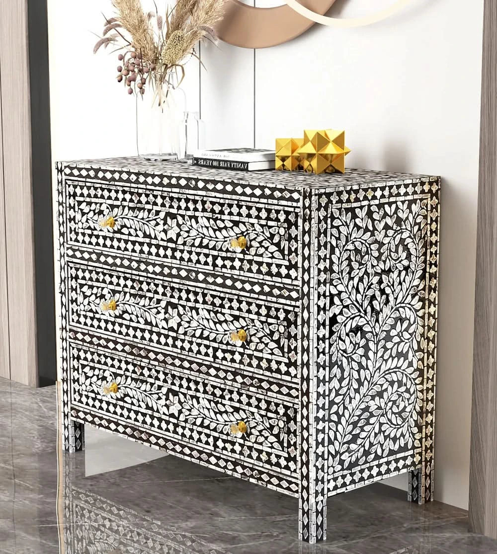 CHEVALIER MOTHER OF PEARL HAND MADE MONOCHROME CHEST OF 3 DRAWERS - MyChocolateWood