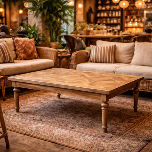 MORO RUSTIC RECYCLED  ELM COFFEE TABLE WITH PARQUETRY TOP 140CM - MyChocolateWood
