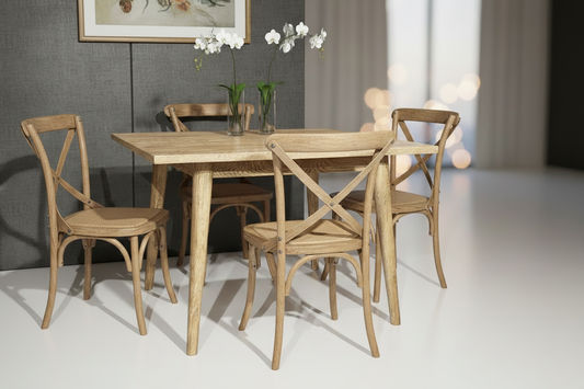 Fitan Solid Oak Square Dining Table with 4 Melrose Crossback Chairs in Natural Oak - Chocolate Wood
