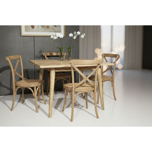 Fitan Solid Oak Square Dining Table with 4 Melrose Crossback Chairs in Natural Oak - Chocolate Wood
