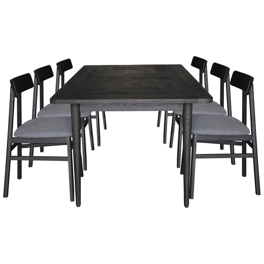 Farlow Oak dining table with six black Farlow timber seat chairs set, 180cm long, in a modern dining room.