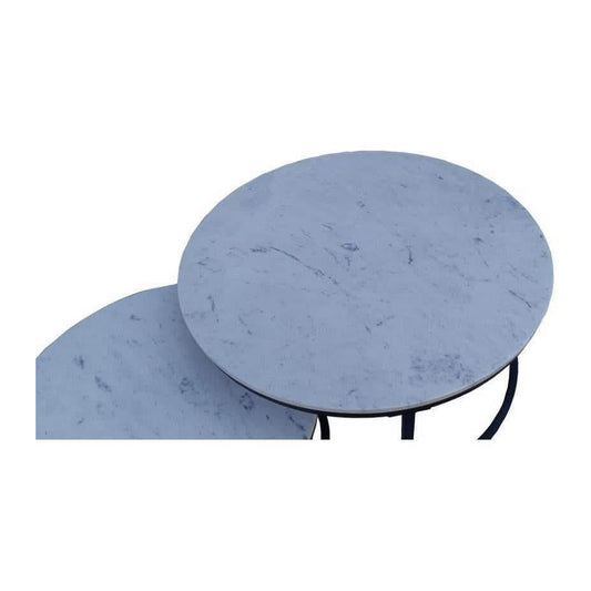 PEARSE SET OF 2 COFFEE TABLES WHITE MARBLE TOP/BLACK METAL LEGS