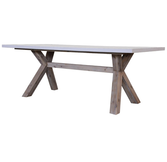 Rectangular dining table with a two-tone white concrete top and solid acacia pewter legs, 180cm length, by MyChocolateWood.