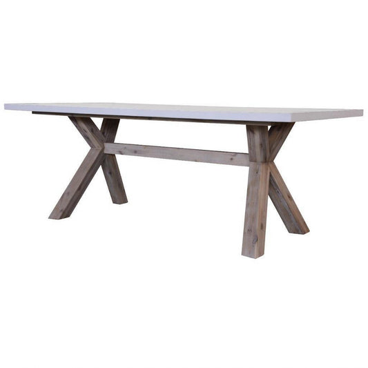Rectangular dining table with a two-tone white concrete top and solid acacia pewter legs, 180cm length, by MyChocolateWood.