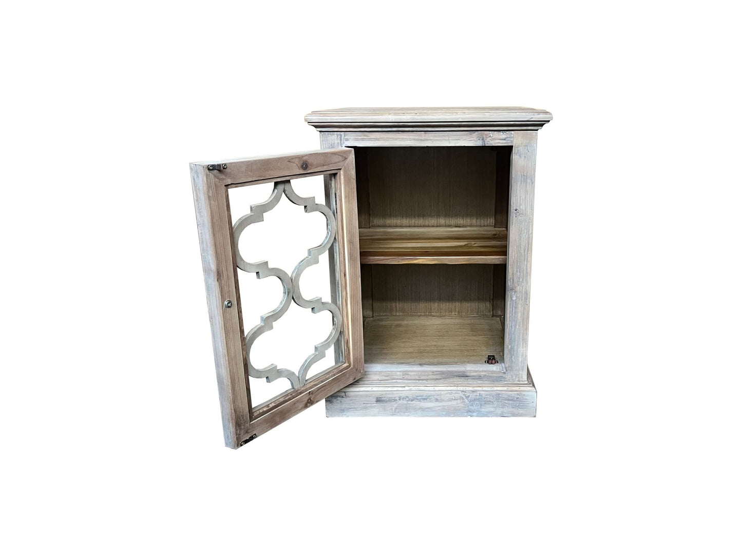 REINA GREYWASHED RECYCLED TIMBER/GLASS PANEL 1-DOOR BEDSIDE TABLE/CABINET - MyChocolateWood