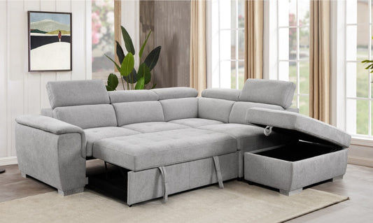 SUTTON FABRIC 2-SEATER CORNER SOFA W/BED, STORAGE OTTOMAN & RHF CHAISE LIGHT GREY