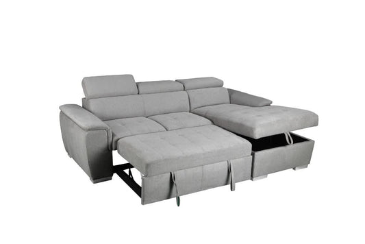 SUTTON FABRIC 2-SEATER SOFA W/ SINGLE BED & RHF CHAISE LIGHT GREY