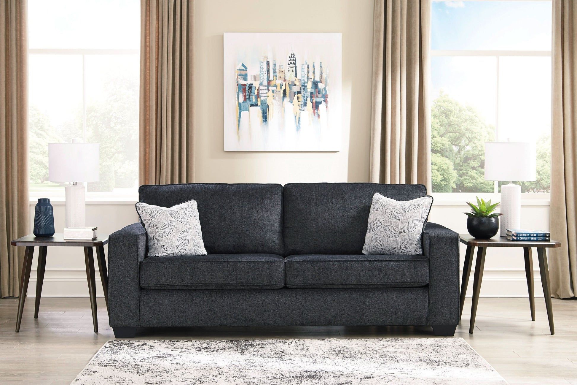 Astor 3-Seater Chenille Sofa Bed in Slate - Chocolate Wood