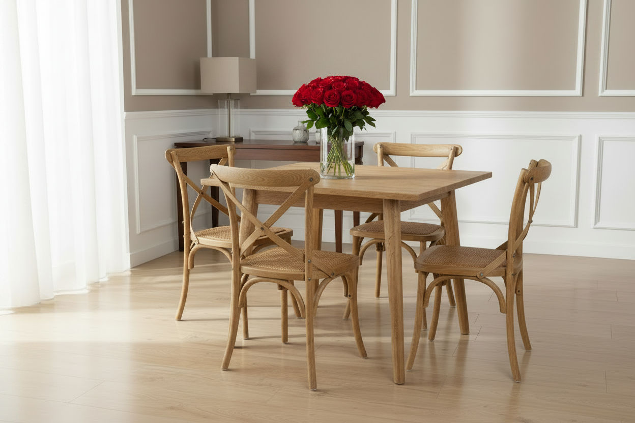 FITAN SOLID OAK SQUARE DINING TABLE (90 X 90) NATURAL + 4 MELROSE SOLID OAK CROSSBACK CHAIRS NATURAL - MyChocolateWood