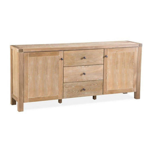 Natural wood finish FERDI Elm veneer MDF buffet sideboard with 2 doors and 3 drawers, 180cm wide, in natural wash by Chocolate Wood