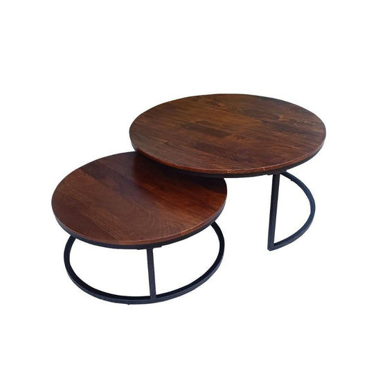 CABOT SET OF 2 COFFEE TABLES MANGO WOOD WALNUT COLOURED TOPS WITH BLACK METAL LEGS - MyChocolateWood