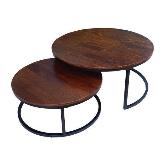 CABOT SET OF 2 COFFEE TABLES MANGO WOOD WALNUT COLOURED TOPS WITH BLACK METAL LEGS