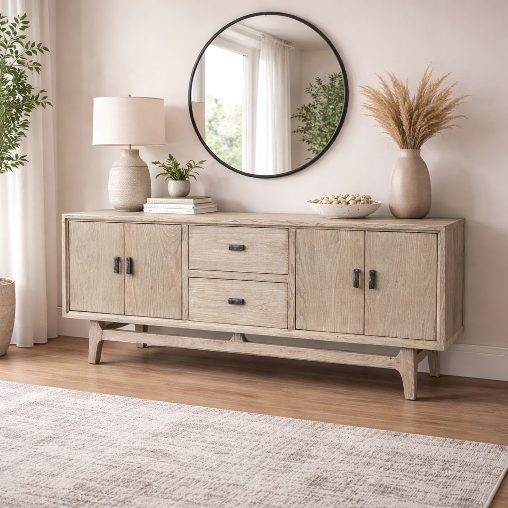 NEVANA  RECYCLED ELM TIMBER TELEVISION UNIT 4 DOORS 2 DRAWERS NATURAL 160CM - MyChocolateWood