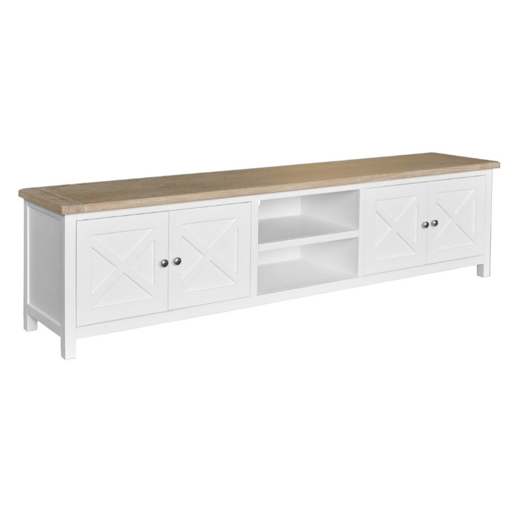 CHRISTA HAMPTON SOLID ACACIA LARGE 4-DOOR 2 NICHE TV UNIT LIGHT OAK TOP/WHITE BASE 210CM - MyChocolateWood