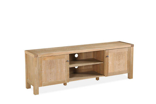 Large TV unit with natural wash finish, made from Elm veneer and MDF, featuring a modern design and spacious storage.