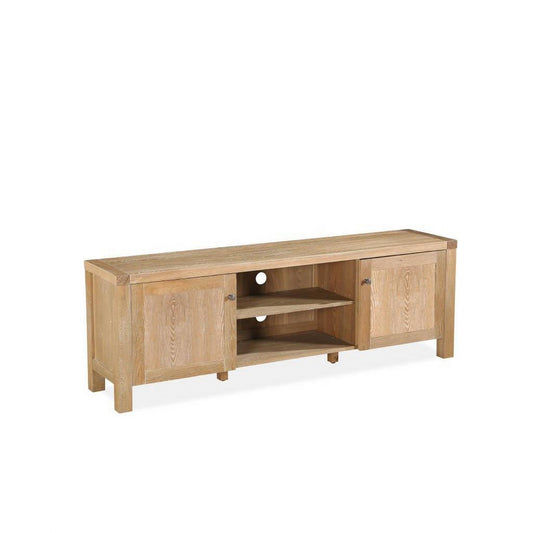 Large TV unit with natural wash finish, made from Elm veneer and MDF, featuring a modern design and spacious storage.