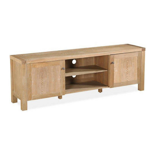 Large TV unit with natural wash finish, made from Elm veneer and MDF, featuring a modern design and spacious storage.