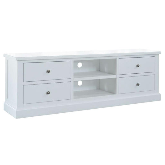 MyChocolateWood Sherborne acacia wood TV unit with four white drawers, modern design, and spacious storage.