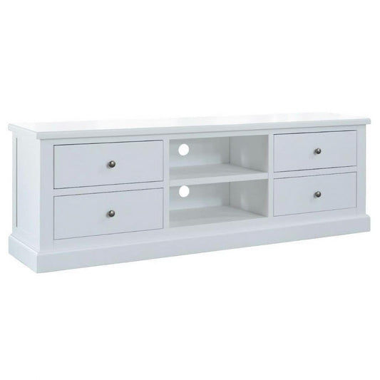 MyChocolateWood Sherborne acacia wood TV unit with four white drawers, modern design, and spacious storage.
