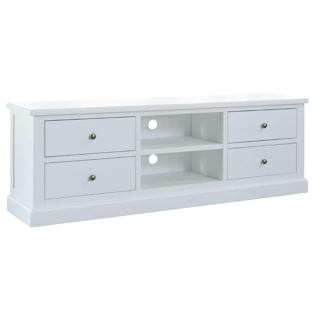 MyChocolateWood Sherborne acacia wood TV unit with four white drawers, modern design, and spacious storage.