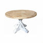 Gibraltar Hampton Style Round Herringbone Parquetry Dining Table, natural top with Distressed White base - Chocolate Wood