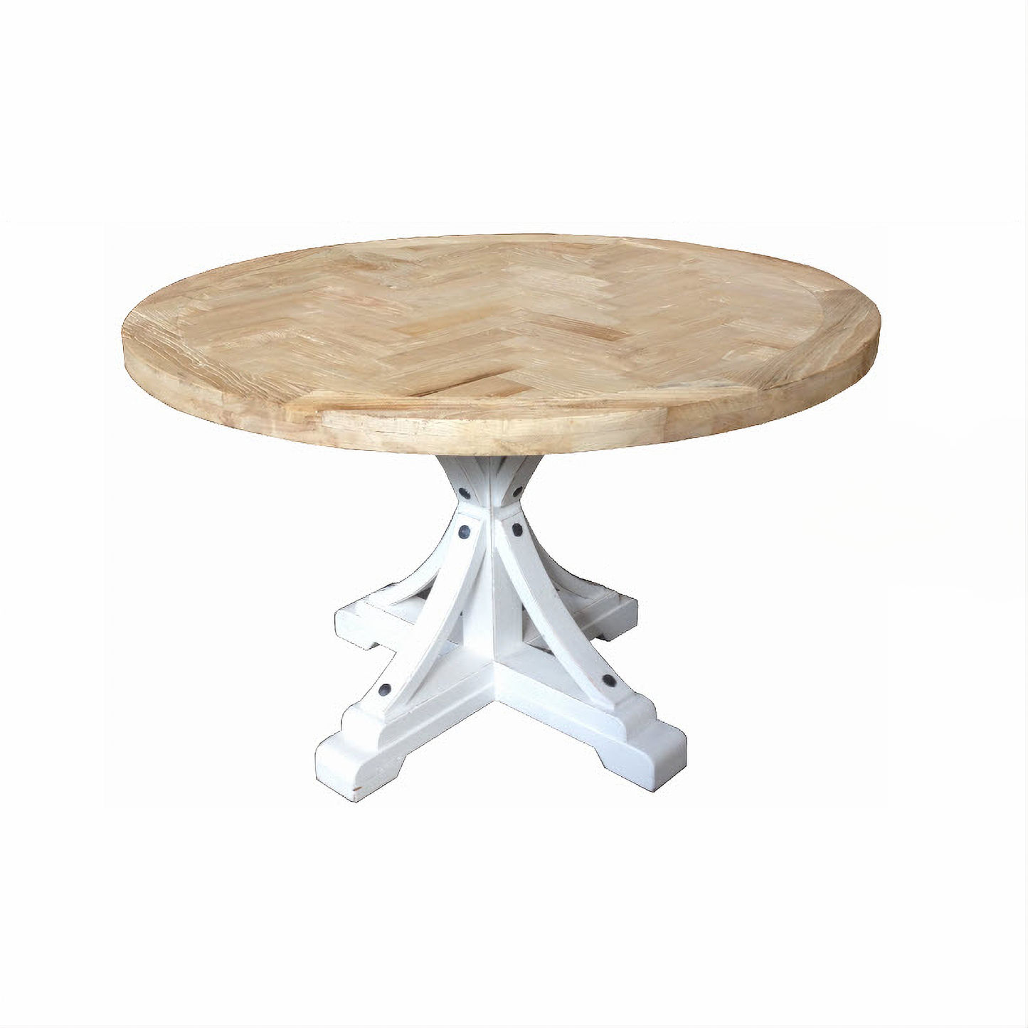 Gibraltar Hampton Style Round Herringbone Parquetry Dining Table, natural top with Distressed White base - Chocolate Wood