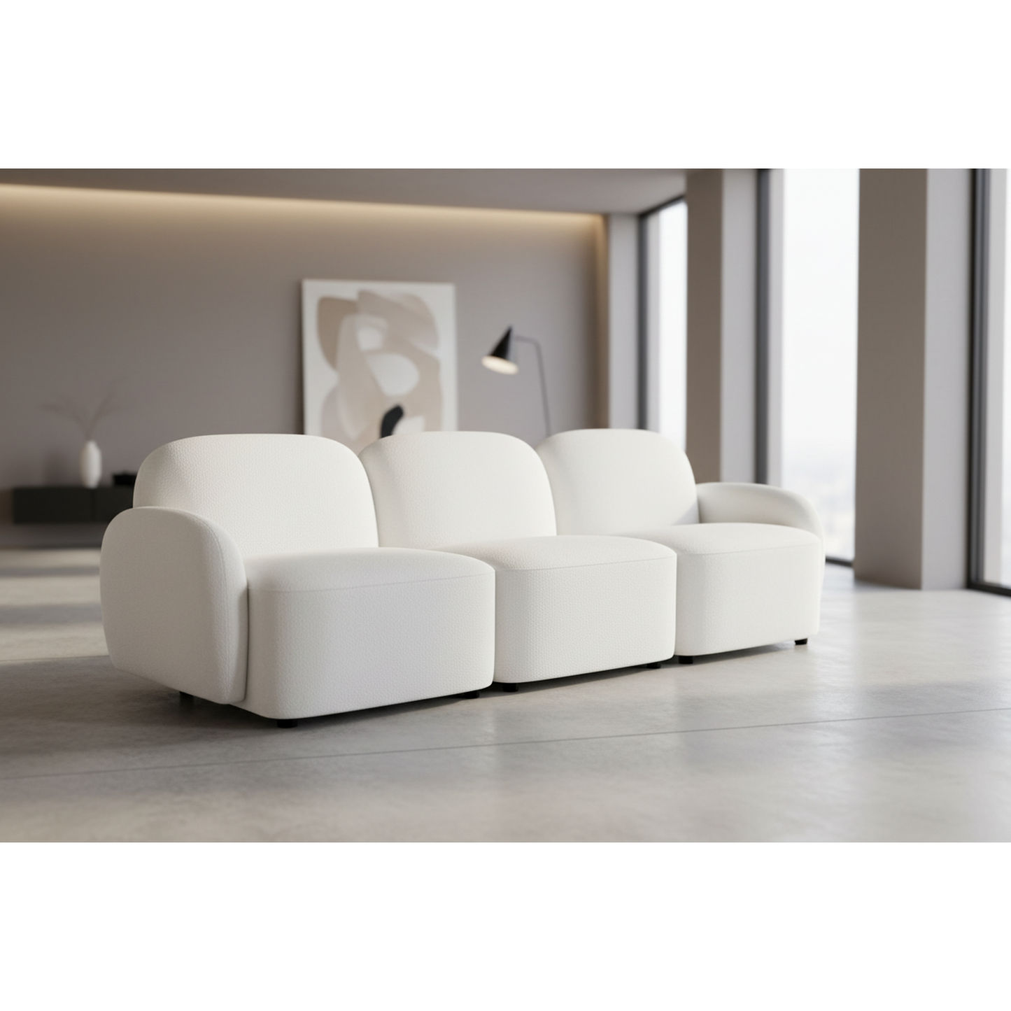 Lorelei 3-Seater Modular Chenille Sofa in White - Chocolate Wood