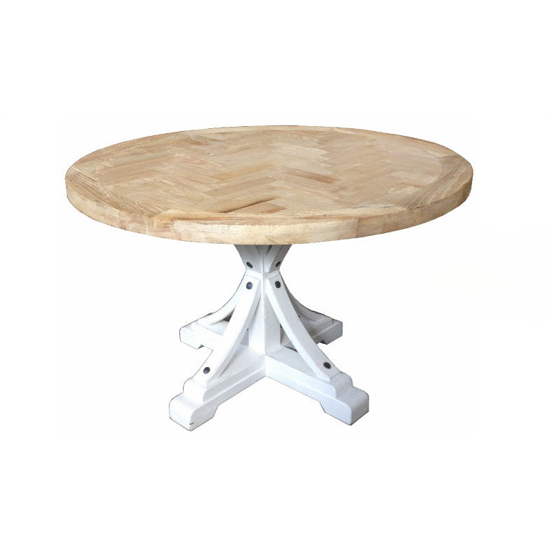 GIBRALTAR HAMPTON STYLE ROUND DINING TABLE NATURAL PARQUETRY TOP/WHITE BASE 150CM DIA. - MyChocolateWood