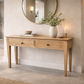 Solid oak Ella console table with two drawers, crafted by MyChocolateWood, showcasing a sleek, natural wood finish.