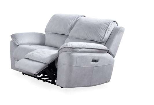 MyChocolateWood Mercouri fabric 2-seater sofa with two electric recliners in steel color, showcasing plush upholstery and modern design.
