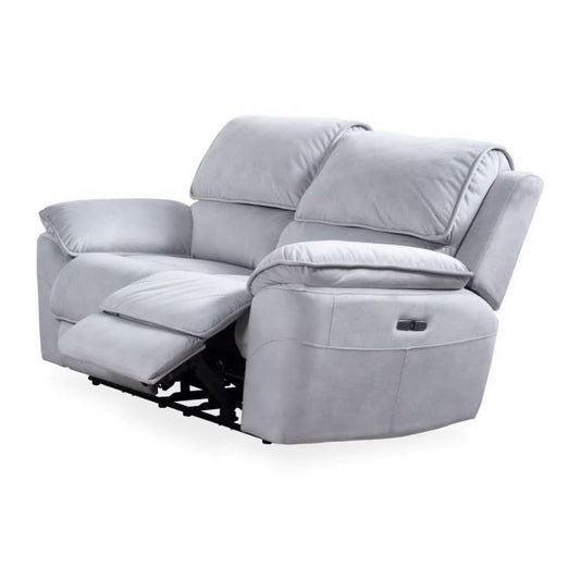 Chocolate Wood Mercouri fabric 2-seater sofa with two electric recliners in steel color, showcasing plush upholstery and modern design.