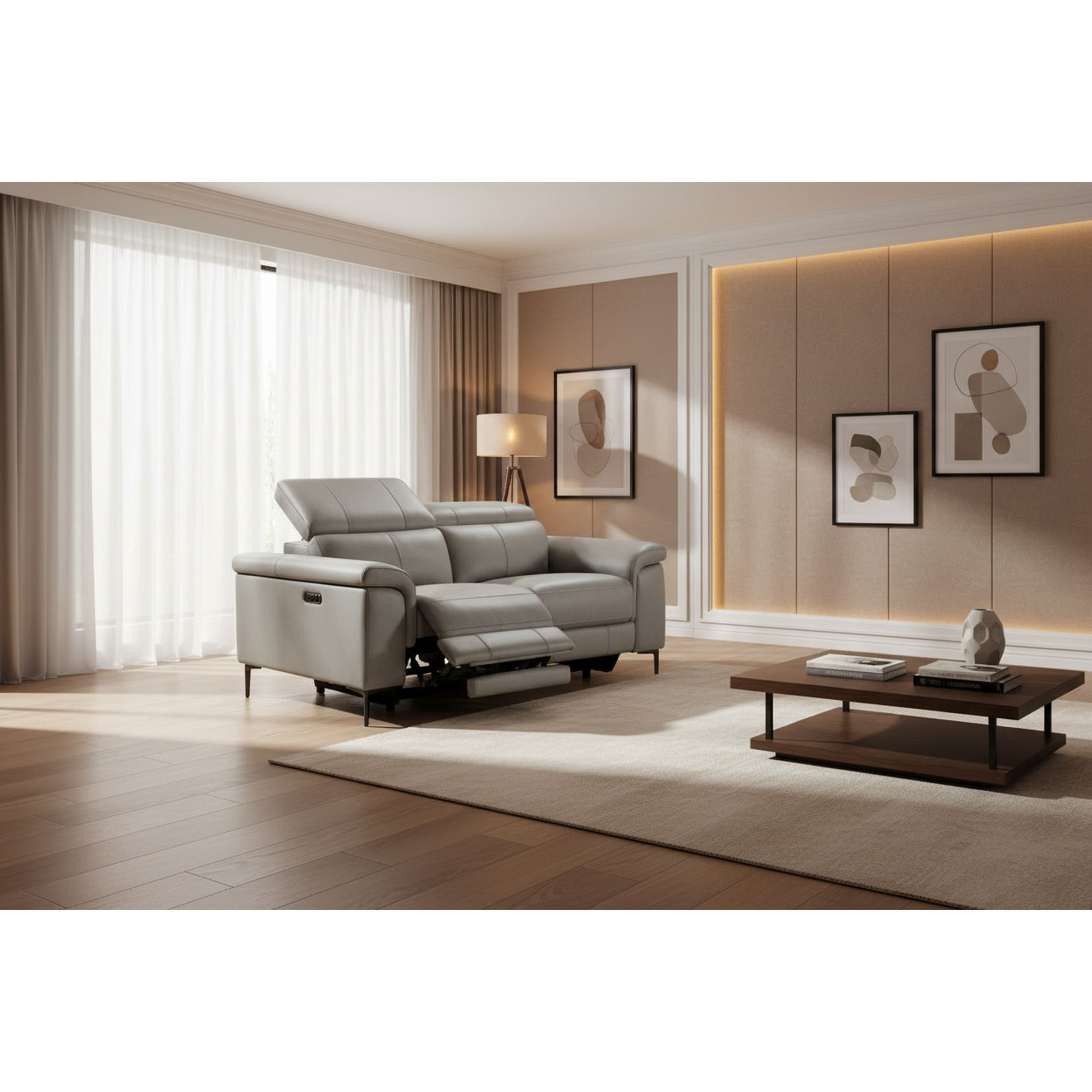 Brittas Leather 2-Seater Electric Recliner Sofa in Grey - Chocolate Wood