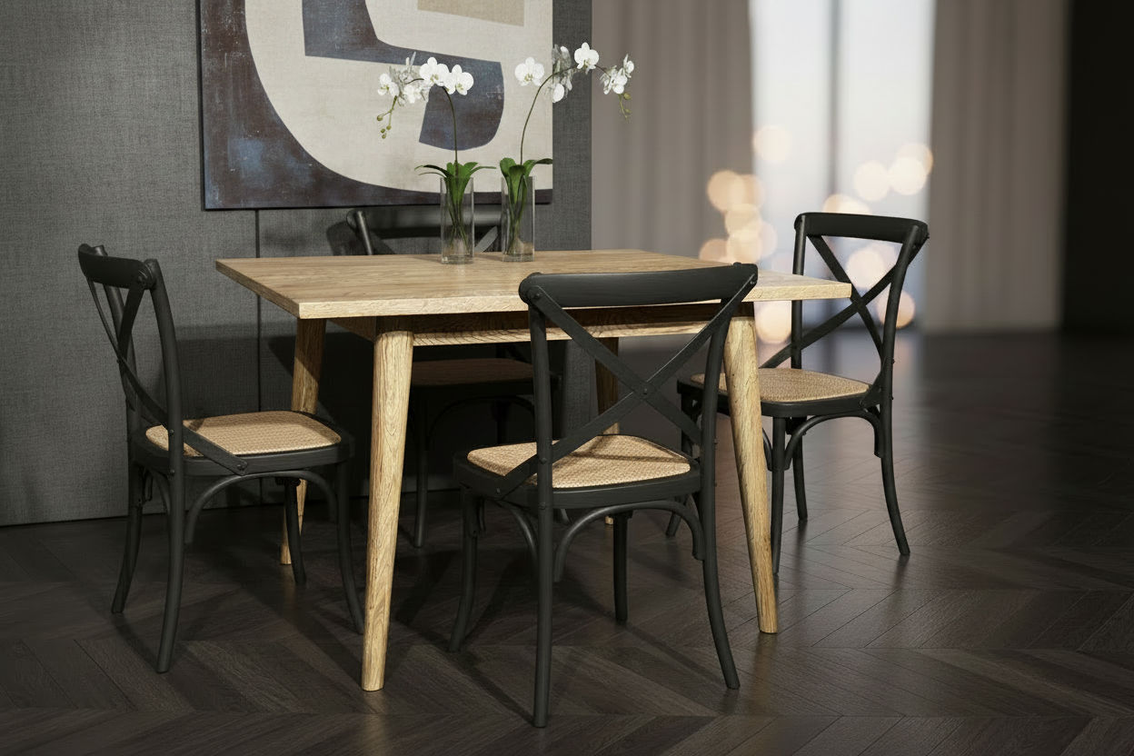 FITAN SOLID OAK SQUARE DINING TABLE (90 X 90) NATURAL + 4 MELROSE SOLID OAK CROSSBACK CHAIRS BLACK - MyChocolateWood