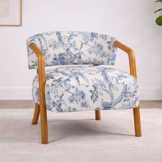 STORMI ACCENT ARMCHAIR - WALNUT RUBBERWOOD FRAME/BLUE & WHITE FLORAL FABRIC - MyChocolateWood
