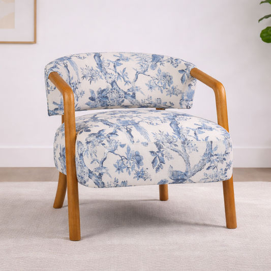 STORMI ACCENT ARMCHAIR - WALNUT RUBBERWOOD FRAME/BLUE & WHITE FLORAL FABRIC