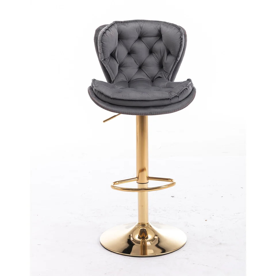 Bassey Plush Velvet Grey & Gold Gas Lift Swivel Bar Stool