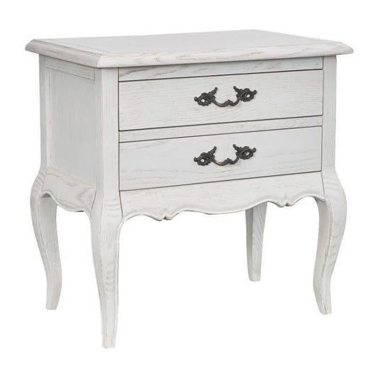 CLARENCE VINTAGE HAND CARVED OAK & VENEER 2 DRAWER BEDSIDE LIGHTLY DISTRESSED WHITE