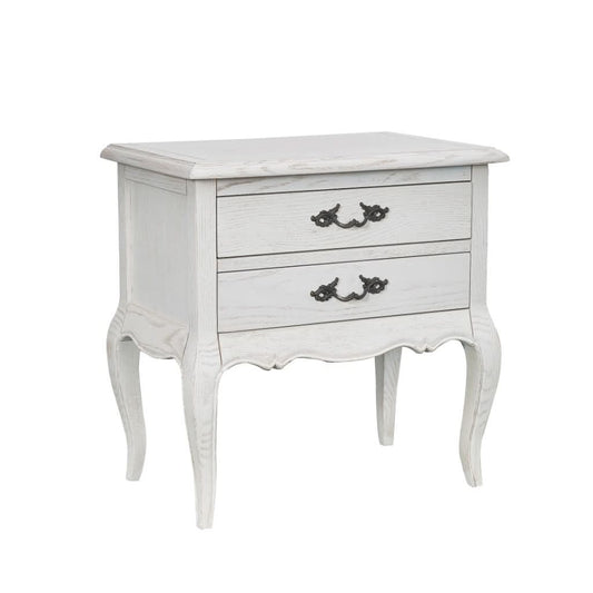 CLARENCE VINTAGE HAND CARVED OAK & VENEER 2 DRAWER BEDSIDE LIGHTLY DISTRESSED WHITE - MyChocolateWood