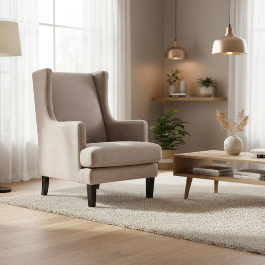 SILAS BEIGE CHENILLE WING BACK ARMCHAIR/OCCASIONAL CHAIR - MyChocolateWood
