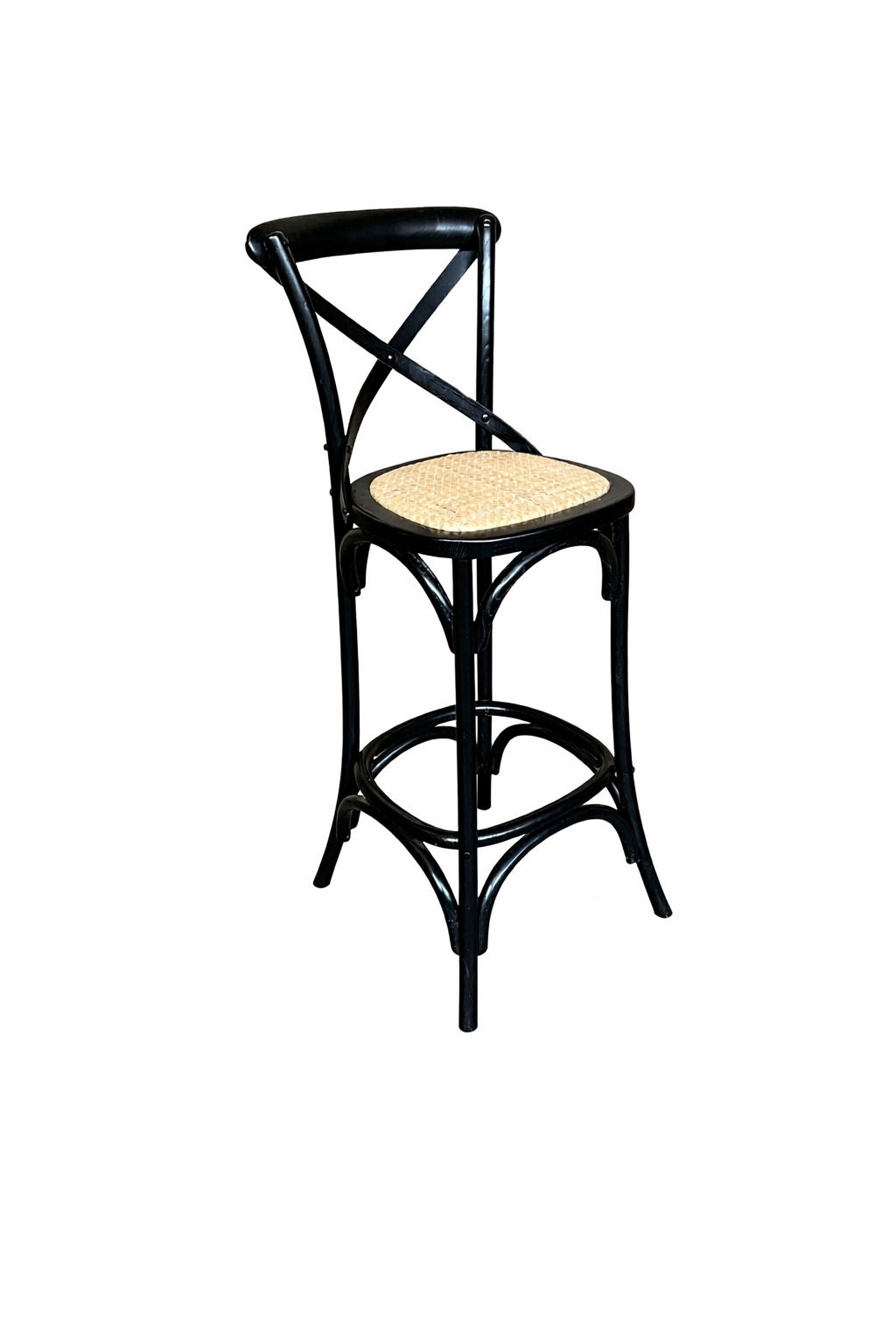MELROSE CROSS BACK BAR STOOL WITH RATTAN SEAT IN BLACK - 65CM SEAT HEIGHT - MyChocolateWood