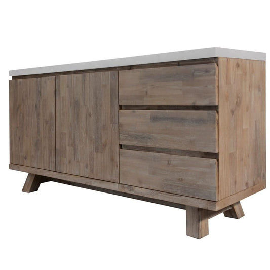 ROSALI white concrete and acacia buffet sideboard by MyChocolateWood with 3 drawers and 2 doors, featuring a two-tone design.