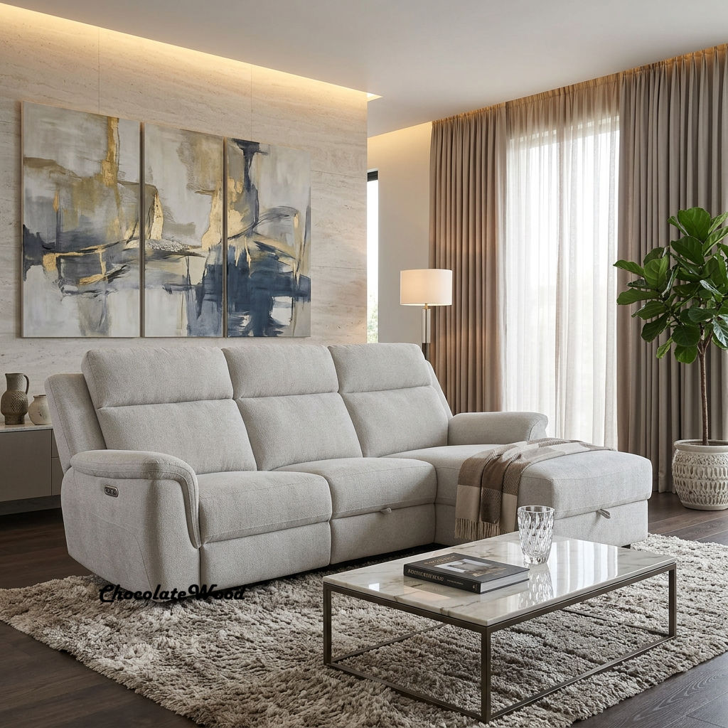 Camrose Fabric 2-Seater Electric Recliner Sofa with RHF Storage Chaise Flax