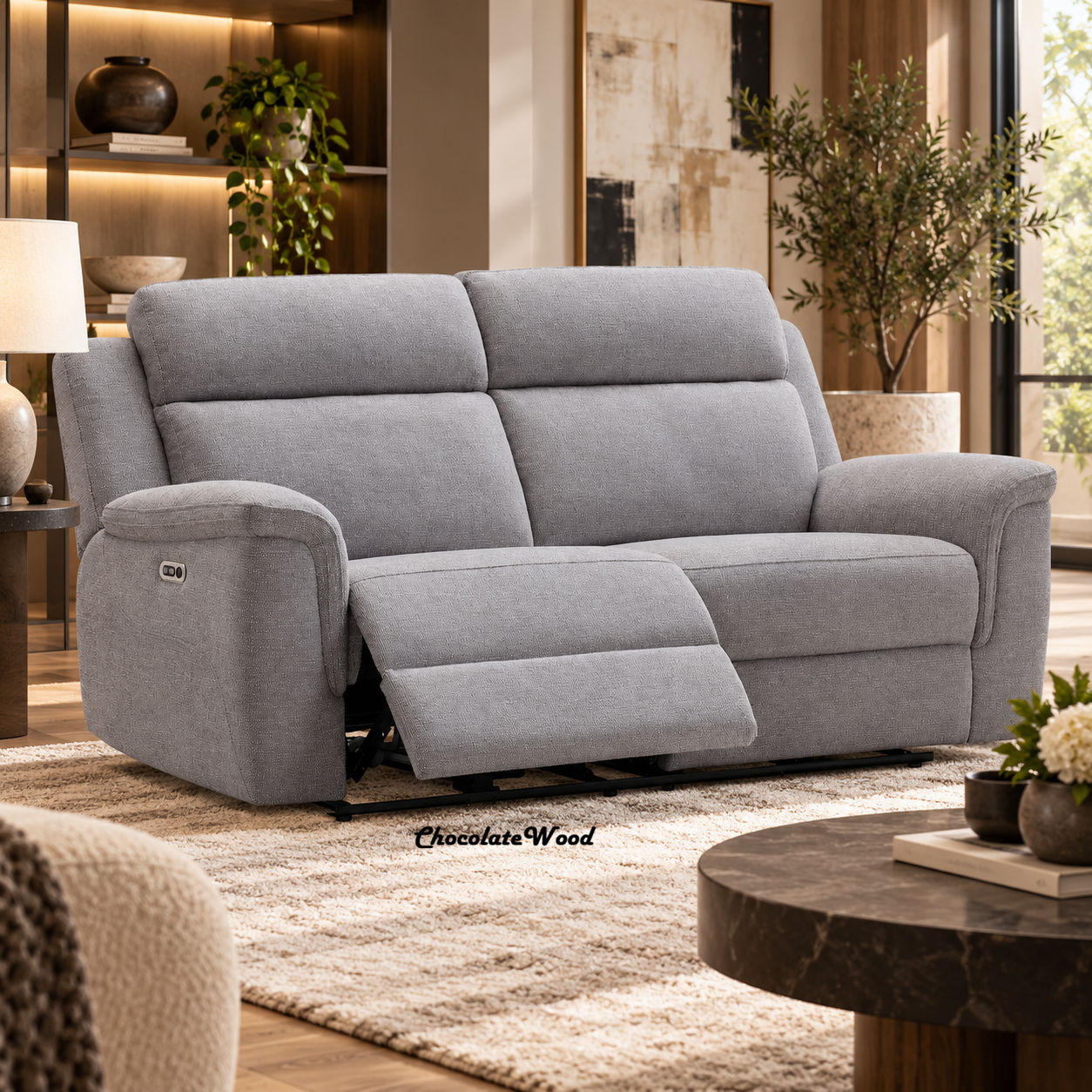 Camrose Fabric 2-Seater Electric Recliner Sofa Flax - Chocolate Wood