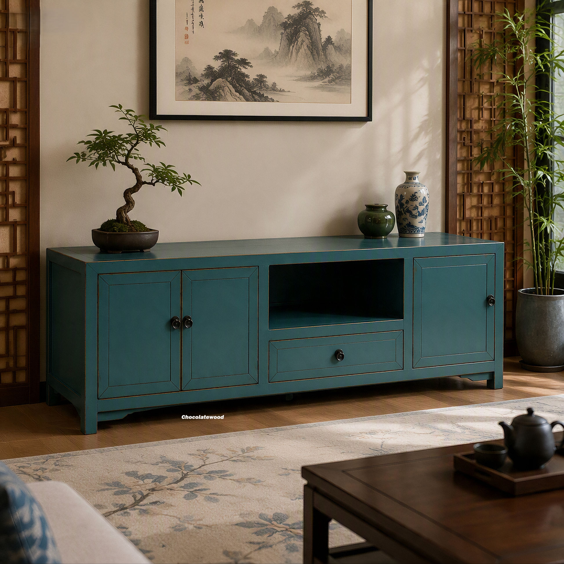 Brielle Recycled Pine 4-Door 1 Drawer TV Unit Teal - 172cm
