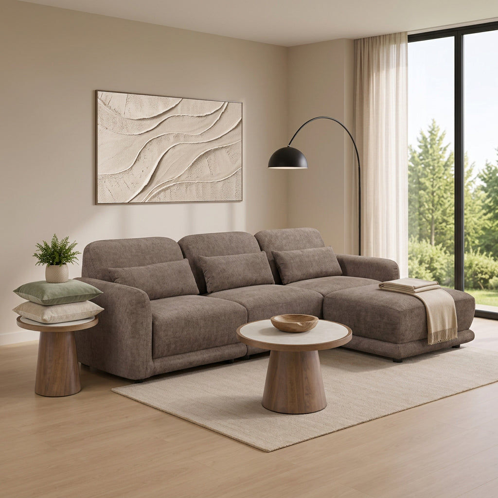 Nancy Fabric 3-Seater Modular Sofa w/Ottoman & 3 x Pillows Chocolate - MyChocolateWood