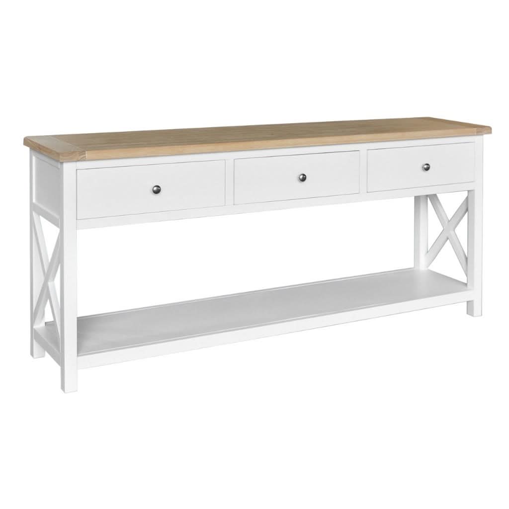 CHRISTA HAMPTON SOLID ACACIA 3-DRAWER CONSOLE TABLE HALL TABLE LIGHT OAK/WHITE - MyChocolateWood