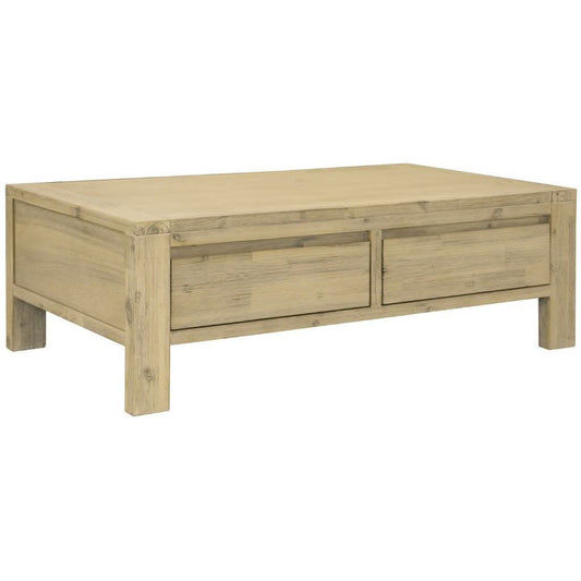 MyChocolateWood Ripley solid acacia timber coffee table with two drawers in brushed smoke finish, featuring a sleek, modern design.